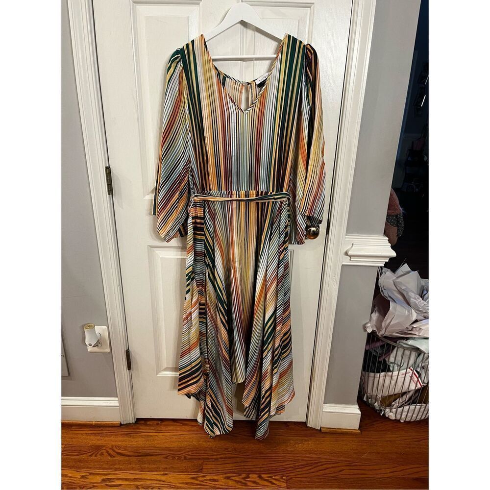 Eloquii Multi Stripe Handkerchief Hem Tie Waist Dress sz 22 EUC